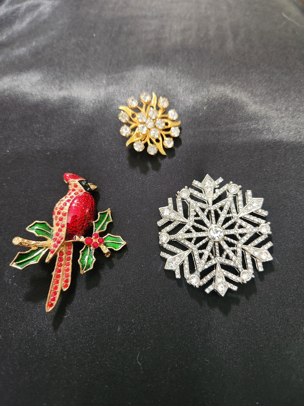Festive Red Cardinal, Gold & Silver Holiday Brooch Set